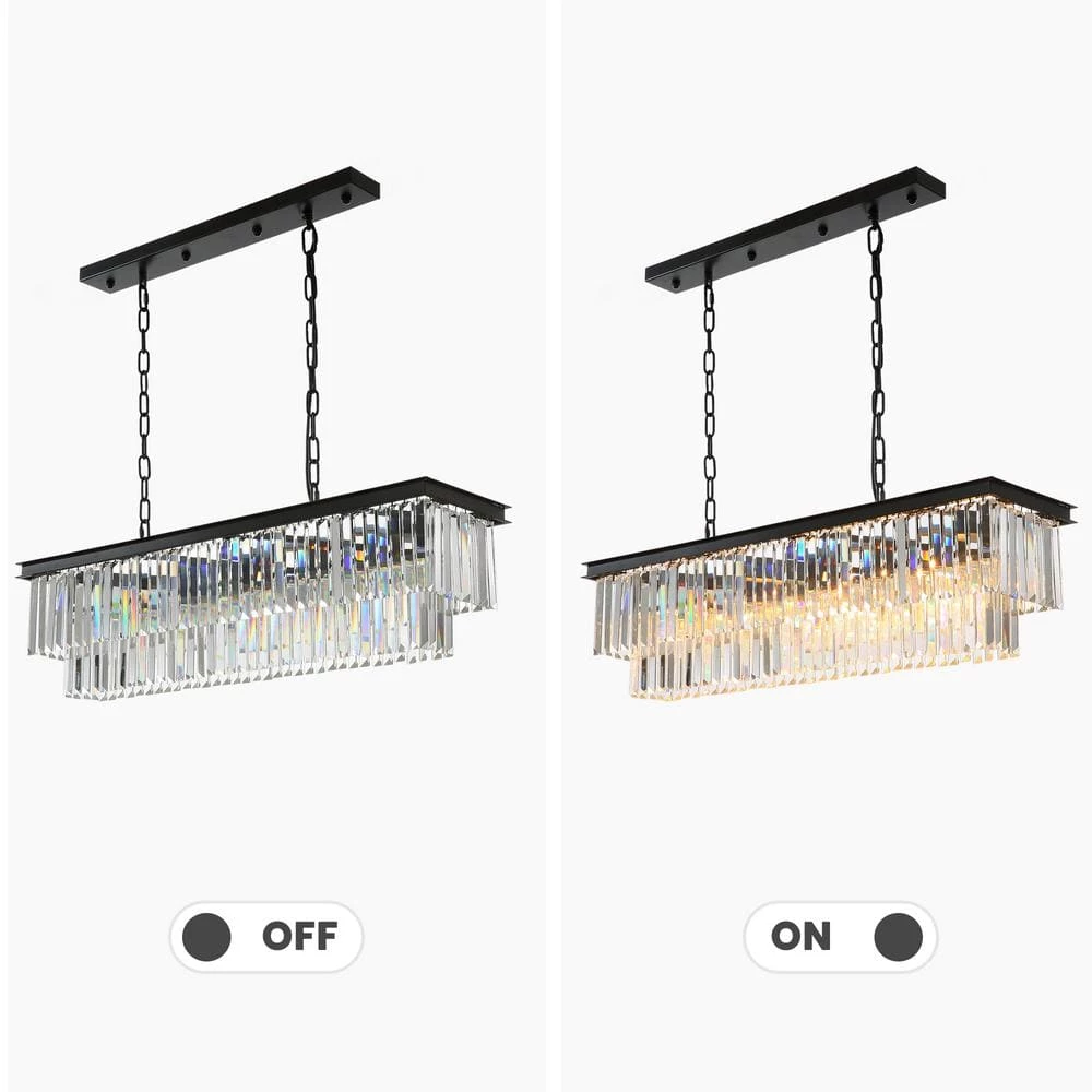 40 in. Modern Crystal Chandelier 7-Light Black Rectangle 2-Tier Island Pendant Lighting For Dining Room by SILJOY - Image 5