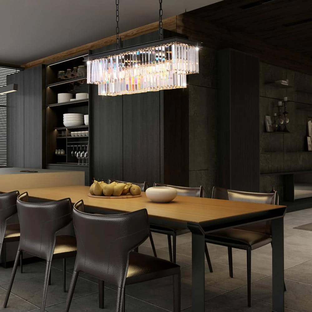 40 in. Modern Crystal Chandelier 7-Light Black Rectangle 2-Tier Island Pendant Lighting For Dining Room by SILJOY - Image 9