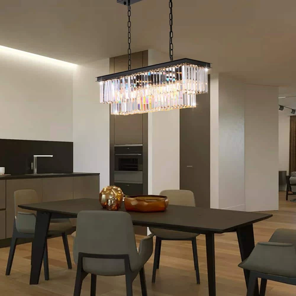 40 in. Modern Crystal Chandelier 7-Light Black Rectangle 2-Tier Island Pendant Lighting For Dining Room by SILJOY - Image 2