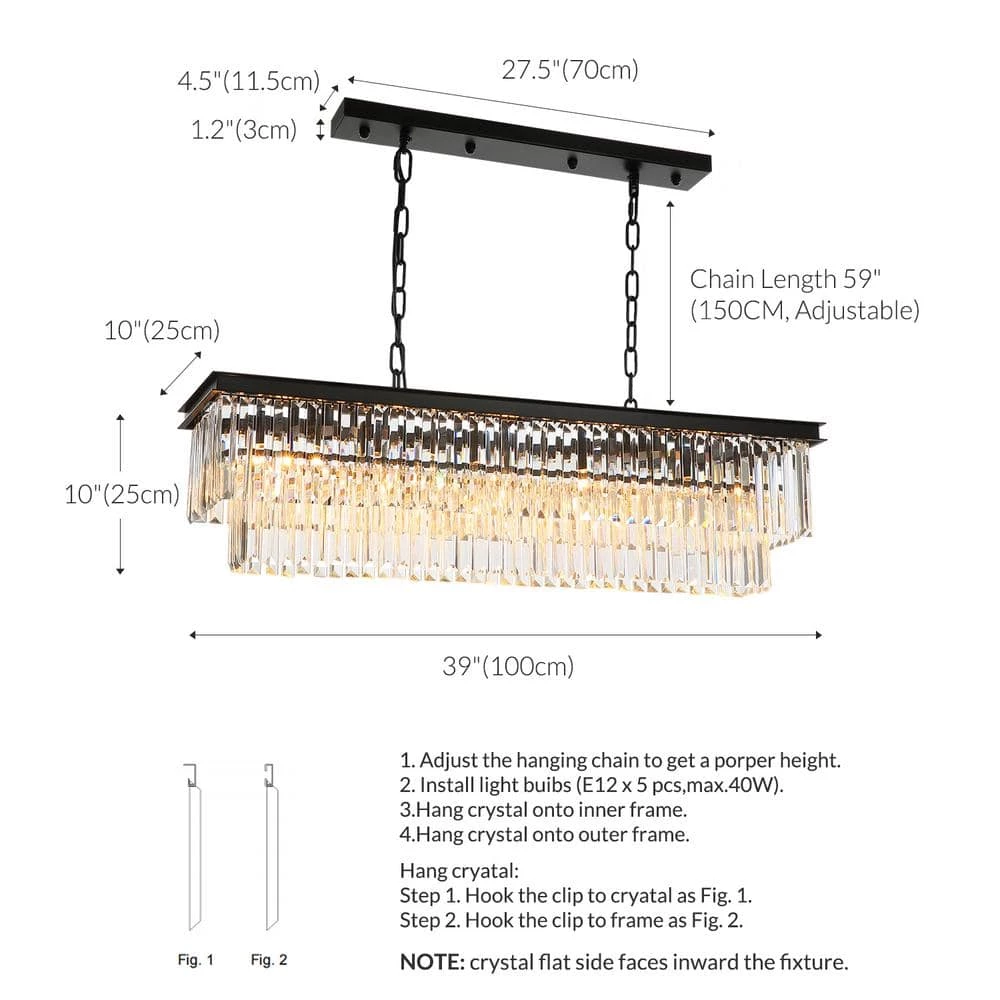 40 in. Modern Crystal Chandelier 7-Light Black Rectangle 2-Tier Island Pendant Lighting For Dining Room by SILJOY - Image 3
