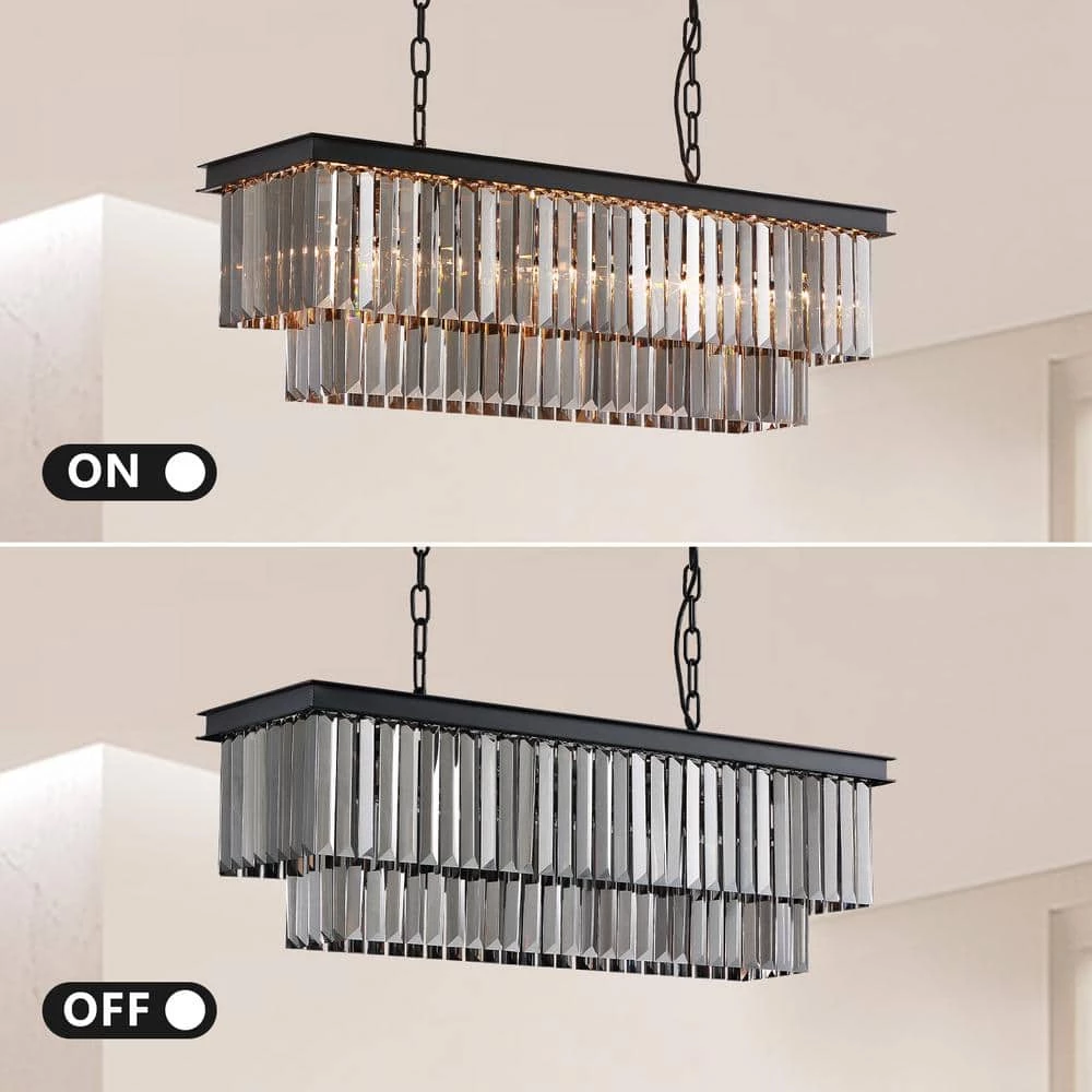 32 in.5-Light Smoke Crystal Chandelier Mid-century Contemporary Living Room Black Pendant Light Fixtures by SILJOY - Image 5
