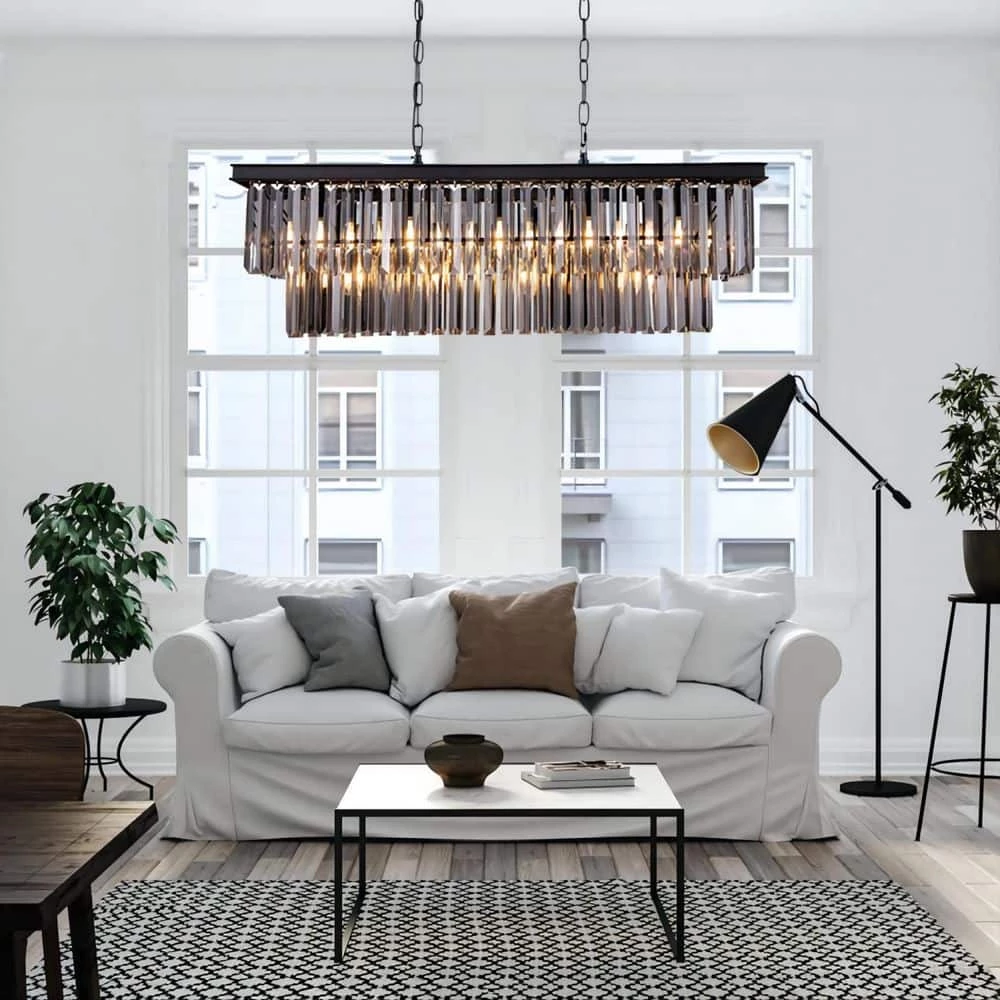 32 in.5-Light Smoke Crystal Chandelier Mid-century Contemporary Living Room Black Pendant Light Fixtures by SILJOY - Image 2