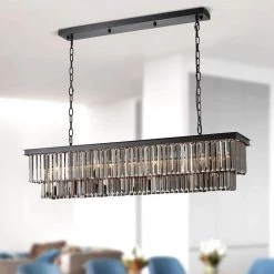 47 in. 8-Light Black and Smoke Crystal Chandelier Modern Dining Room Pendant Lighting by SILJOY