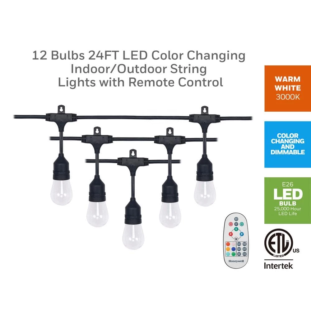 12-Light 24 ft. Indoor/Outdoor Plug-In A-Shape Bulb LED String Light by Honeywell