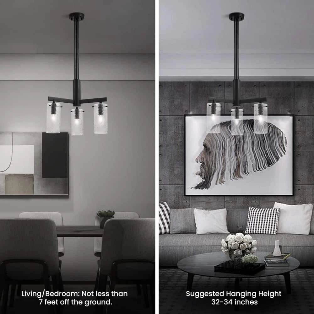 3-Light Modern Matte Black Kitchen Pendant Lighting Contemporary Dining Room Chandelier with Glass Cylinder Shades by SILJOY - Image 6