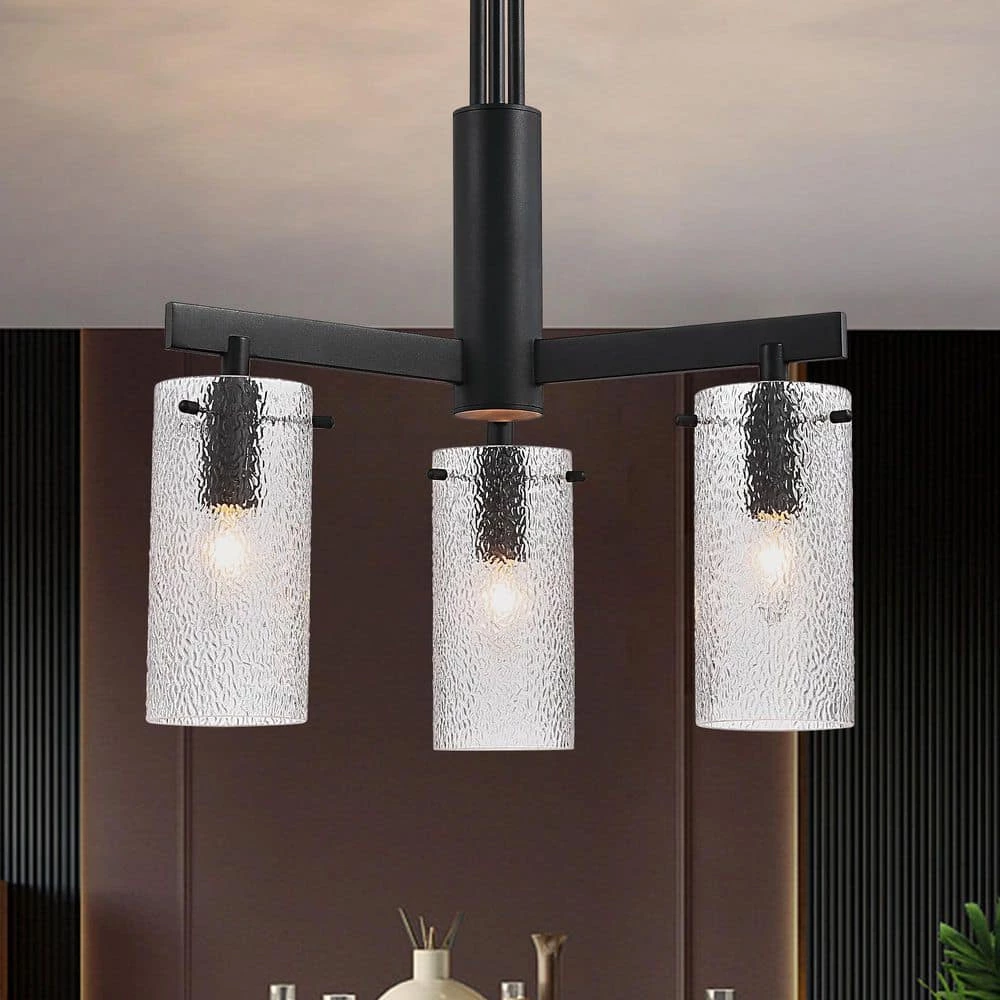 3-Light Modern Matte Black Kitchen Pendant Lighting Contemporary Dining Room Chandelier with Glass Cylinder Shades by SILJOY