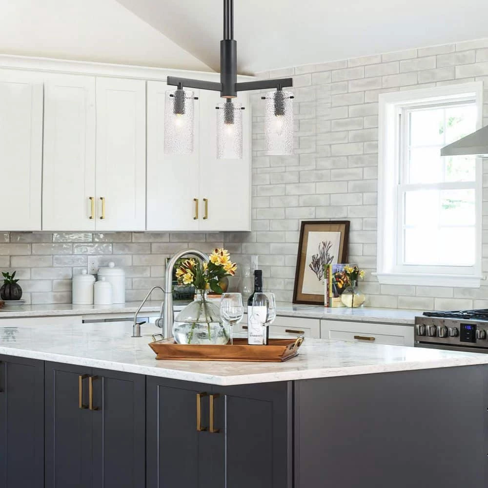 3-Light Modern Matte Black Kitchen Pendant Lighting Contemporary Dining Room Chandelier with Glass Cylinder Shades by SILJOY - Image 2