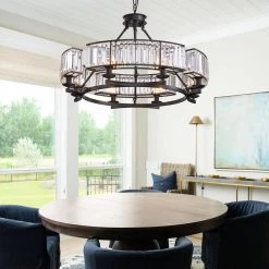 Modern Crystal Chandelier 26 in. 6-Light Black Drum Pendant Lighting Ceiling Semi Flush Mount by SILJOY