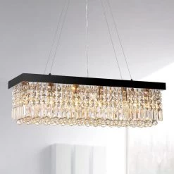 32 in. 6-Light Black Modern Chandelier Crystal Kitchen Island Dining Table Pendant Lighting by SILJOY