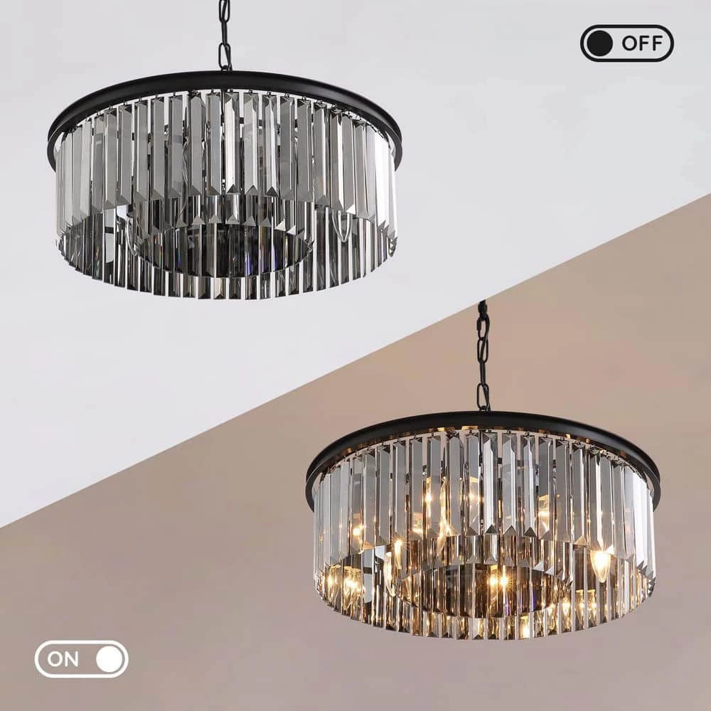 22 in. 6-Light Black Farmhouse Pendant Light Fixtures Crystal Drum Chandelier Dining Room Pendant Lighting by SILJOY - Image 5