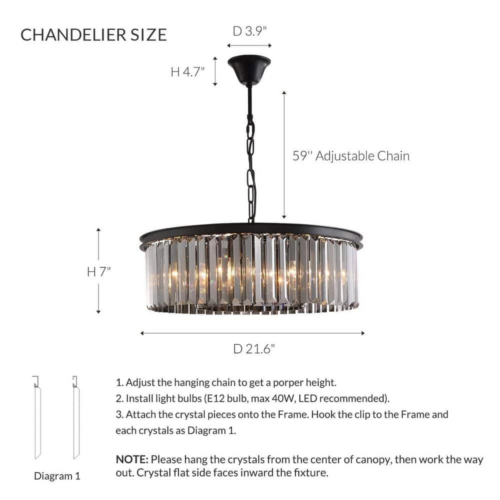22 in. 6-Light Black Farmhouse Pendant Light Fixtures Crystal Drum Chandelier Dining Room Pendant Lighting by SILJOY - Image 4