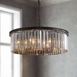 22 in. 6-Light Black Farmhouse Pendant Light Fixtures Crystal Drum Chandelier Dining Room Pendant Lighting by SILJOY