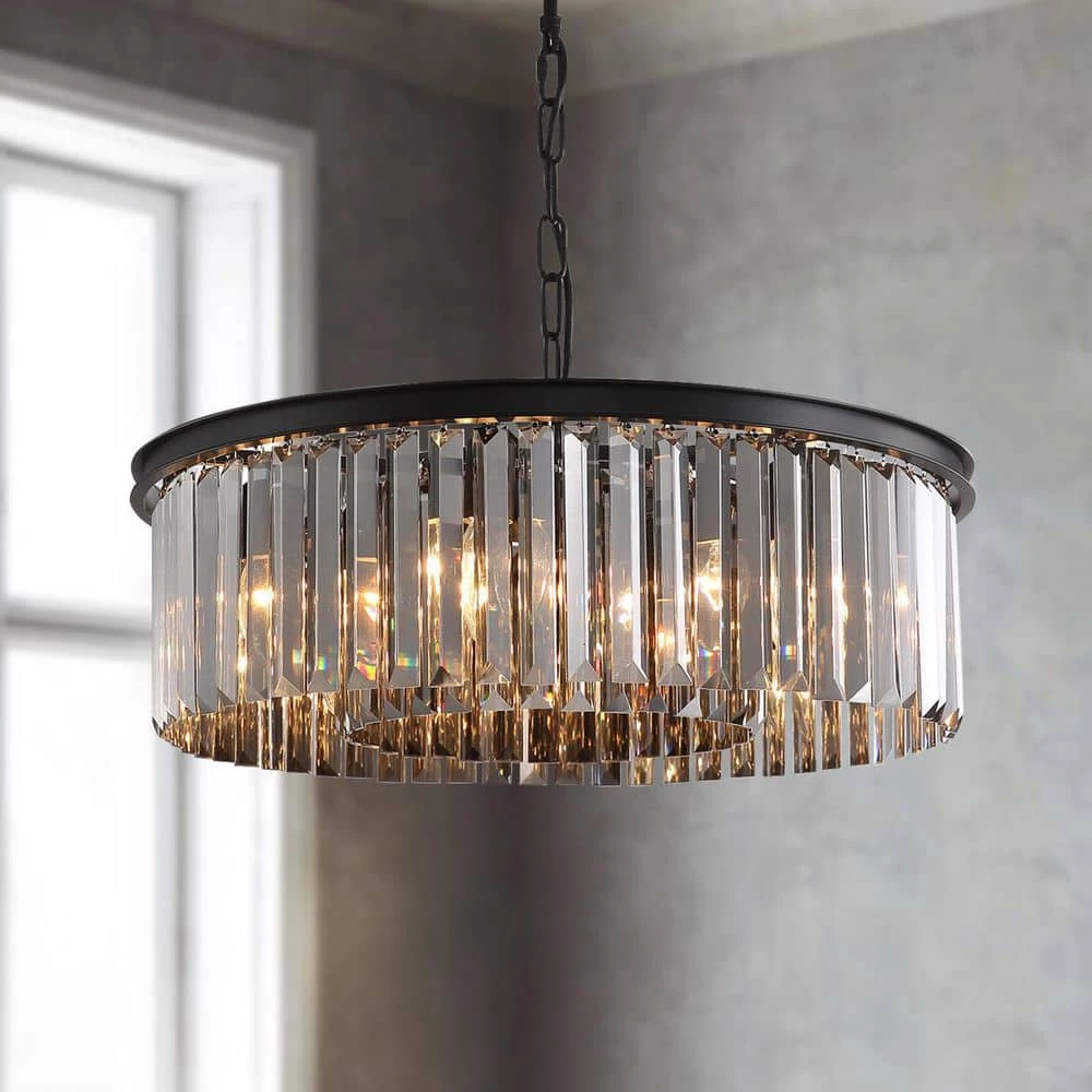 22 in. 6-Light Black Farmhouse Pendant Light Fixtures Crystal Drum Chandelier Dining Room Pendant Lighting by SILJOY