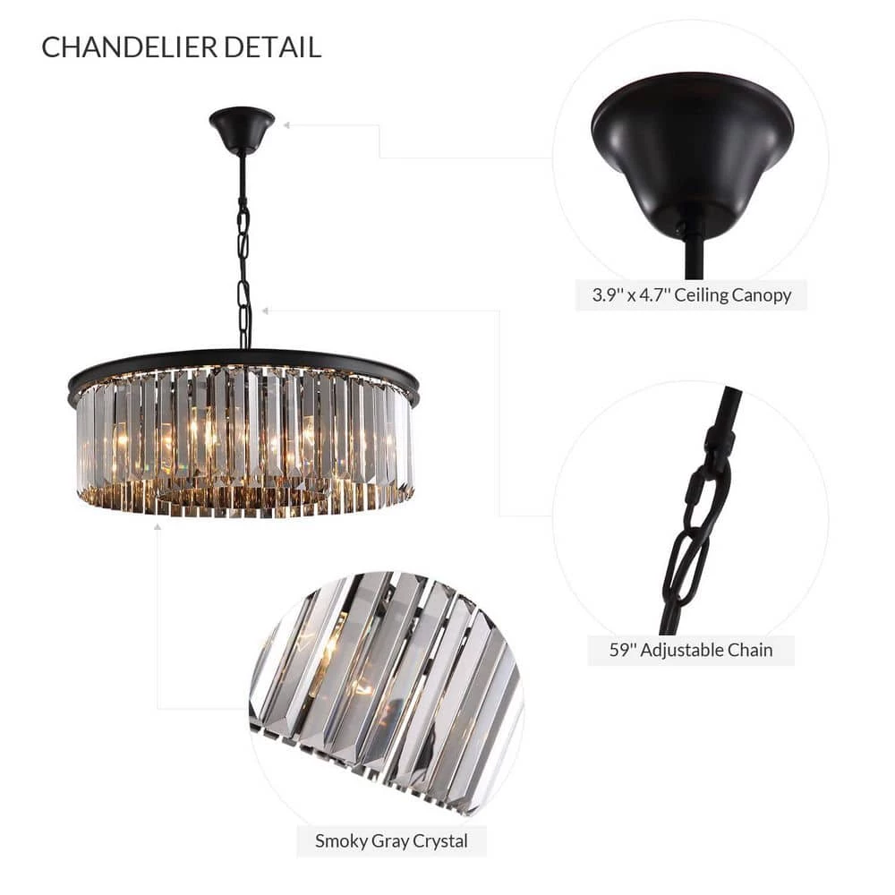 22 in. 6-Light Black Farmhouse Pendant Light Fixtures Crystal Drum Chandelier Dining Room Pendant Lighting by SILJOY - Image 3