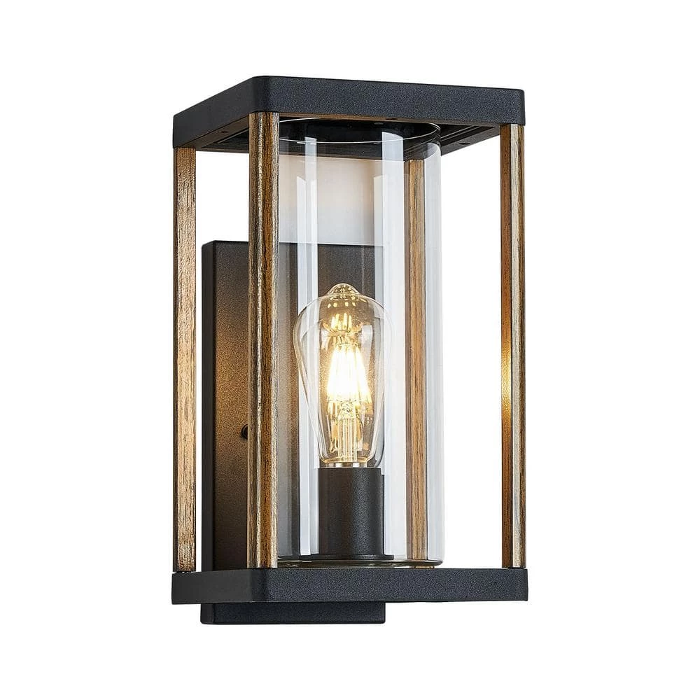 Modern 1-Light Industrial Black Linear Wall Sconce Painted Oak Hardwired Outdoor Wall Lantern with Clear Glass Shade by SILJOY - Image 4