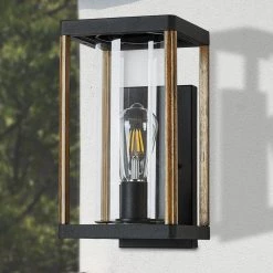 Modern 1-Light Industrial Black Linear Wall Sconce Painted Oak Hardwired Outdoor Wall Lantern with Clear Glass Shade by SILJOY