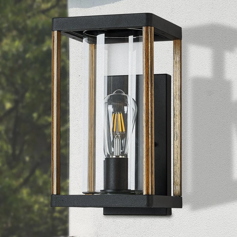 Modern 1-Light Industrial Black Linear Wall Sconce Painted Oak Hardwired Outdoor Wall Lantern with Clear Glass Shade by SILJOY