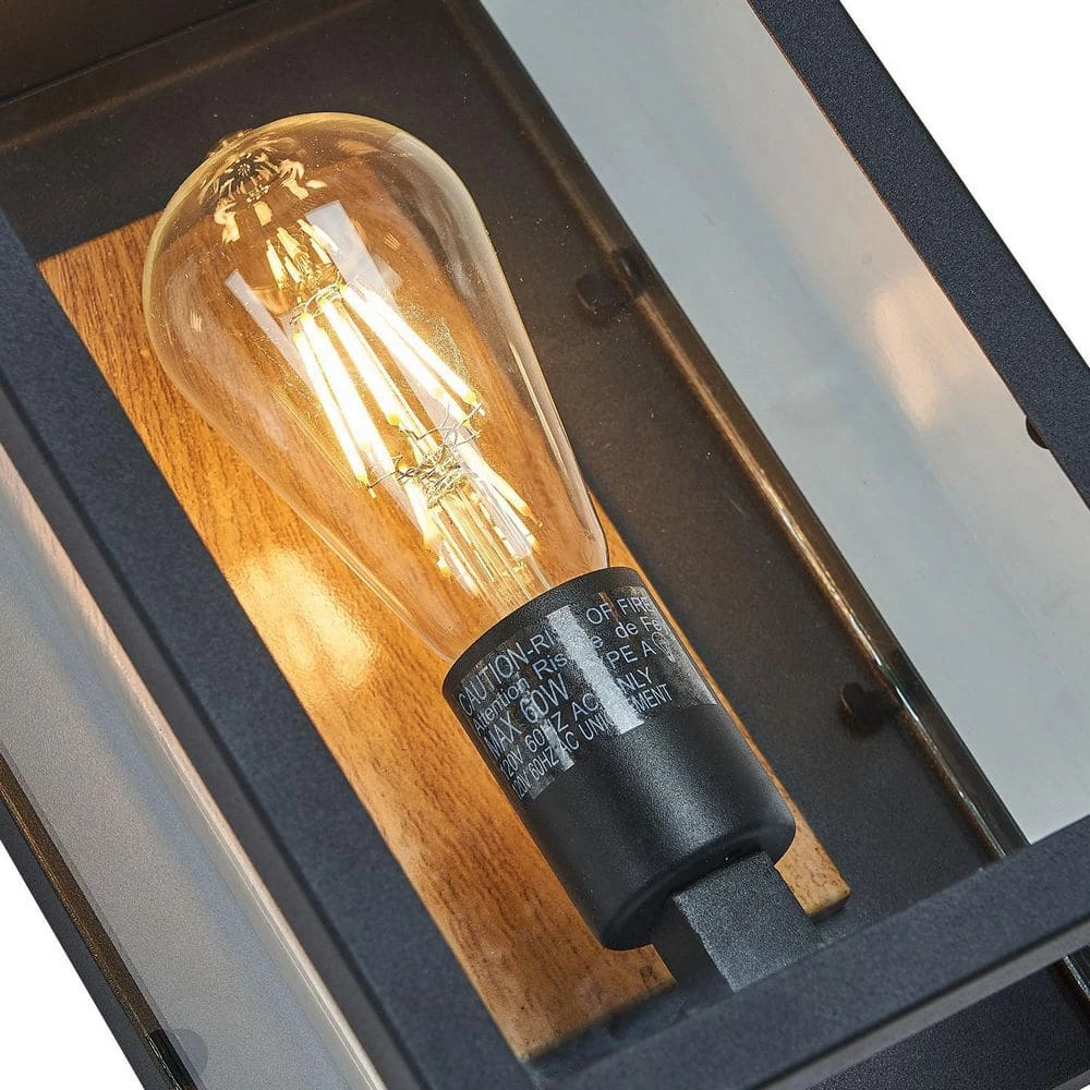 Modern 1-Light Rectangle Black Outdoor Sconce with Clear Glass Shade Exterior Painted Wood Outdoor Wall Light by SILJOY - Image 5