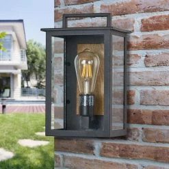 Modern 1-Light Rectangle Black Outdoor Sconce with Clear Glass Shade Exterior Painted Wood Outdoor Wall Light by SILJOY