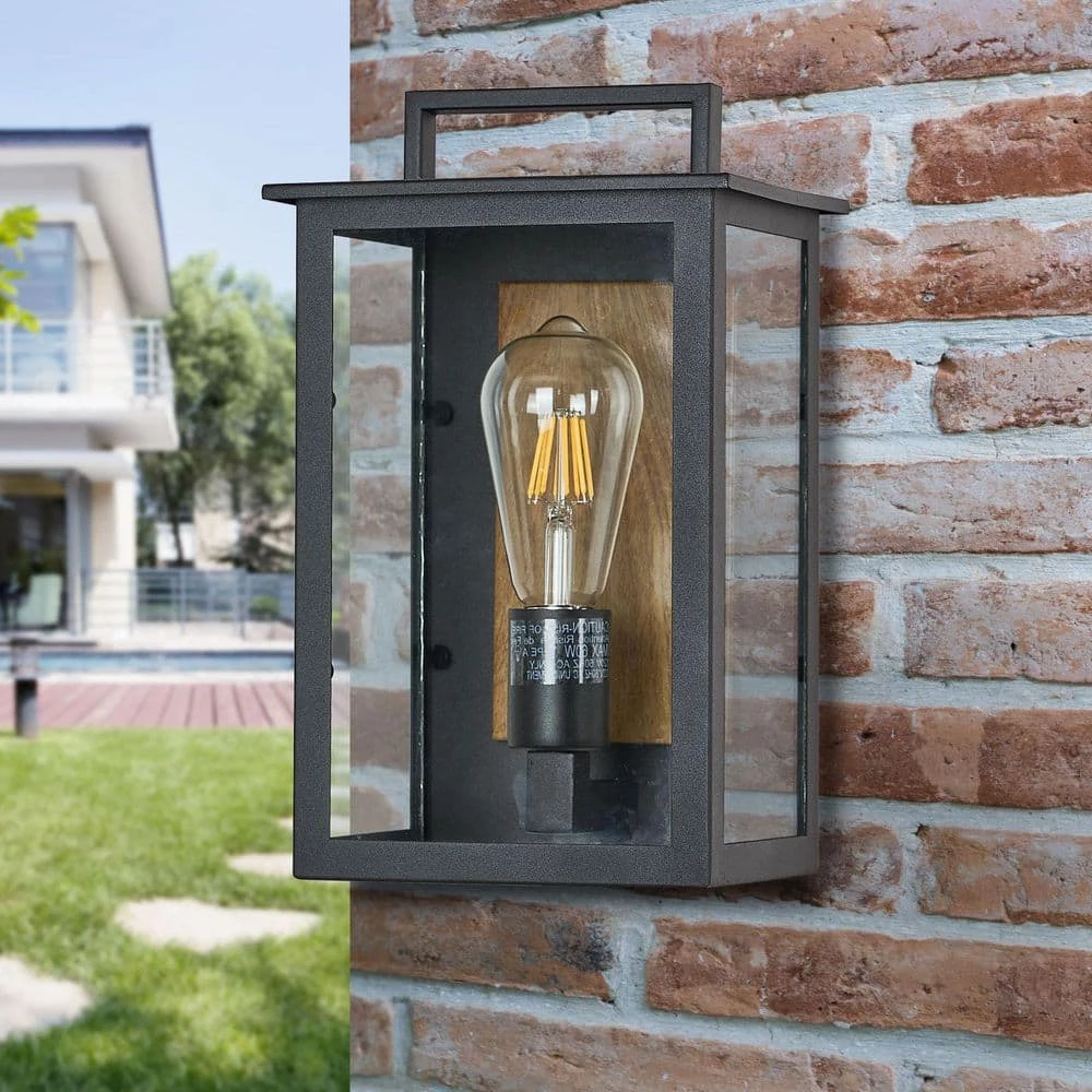 Modern 1-Light Rectangle Black Outdoor Sconce with Clear Glass Shade Exterior Painted Wood Outdoor Wall Light by SILJOY