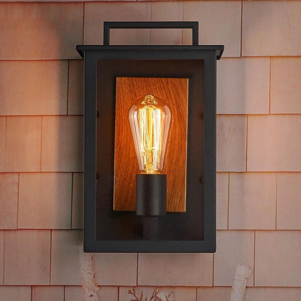 Modern 1-Light Rectangle Black Outdoor Sconce with Clear Glass Shade Exterior Painted Wood Outdoor Wall Light by SILJOY - Image 3