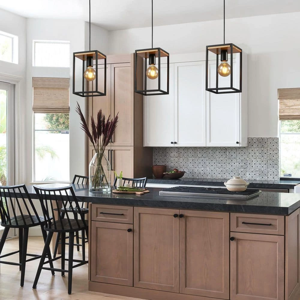 Black Farmhouse Kitchen Pendant Lighting Fixture 1-Light Rustic Wood Cage Island Hanging Mini Pendant Light by SILJOY - Image 9