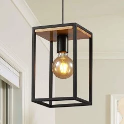 Black Farmhouse Kitchen Pendant Lighting Fixture 1-Light Rustic Wood Cage Island Hanging Mini Pendant Light by SILJOY