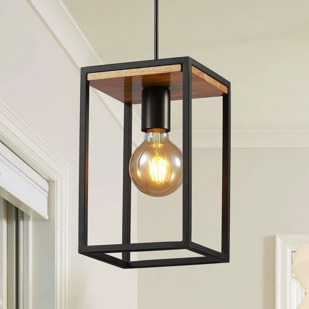 Black Farmhouse Kitchen Pendant Lighting Fixture 1-Light Rustic Wood Cage Island Hanging Mini Pendant Light by SILJOY