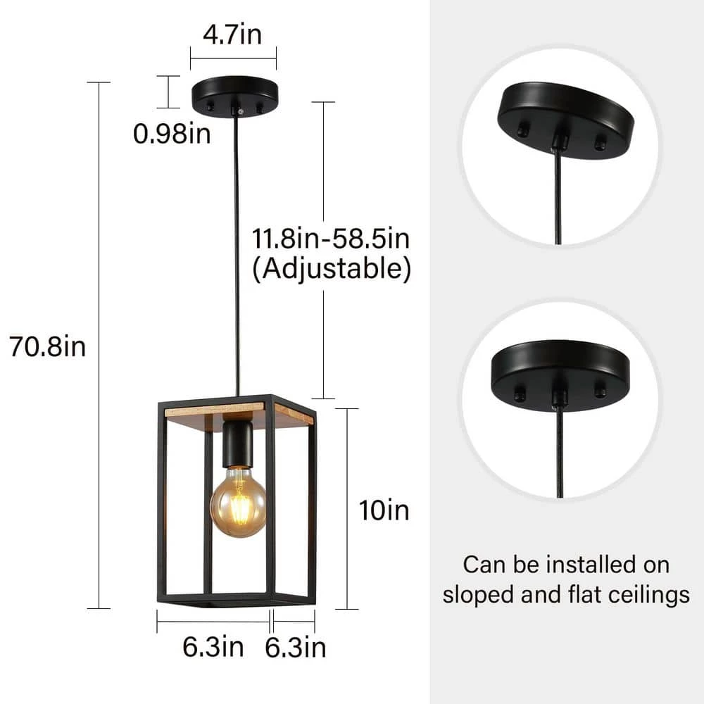 Black Farmhouse Kitchen Pendant Lighting Fixture 1-Light Rustic Wood Cage Island Hanging Mini Pendant Light by SILJOY - Image 8