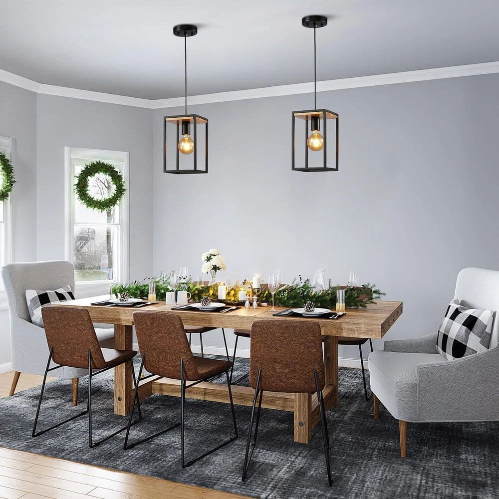 Black Farmhouse Kitchen Pendant Lighting Fixture 1-Light Rustic Wood Cage Island Hanging Mini Pendant Light by SILJOY - Image 2