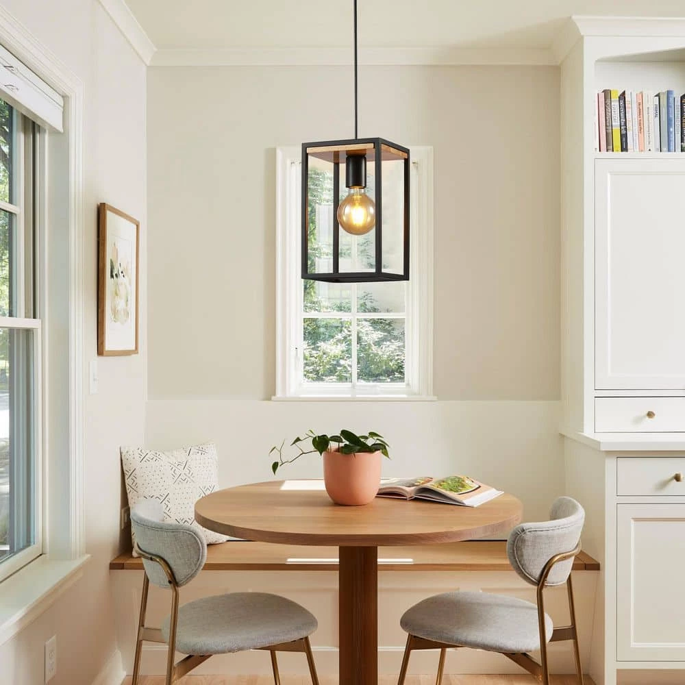 Black Farmhouse Kitchen Pendant Lighting Fixture 1-Light Rustic Wood Cage Island Hanging Mini Pendant Light by SILJOY - Image 7