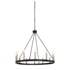 Farmhouse Vintage 12-Light Golden Candle Style Octagonal Wagon Wheel Chandelier in Black by Tatahance