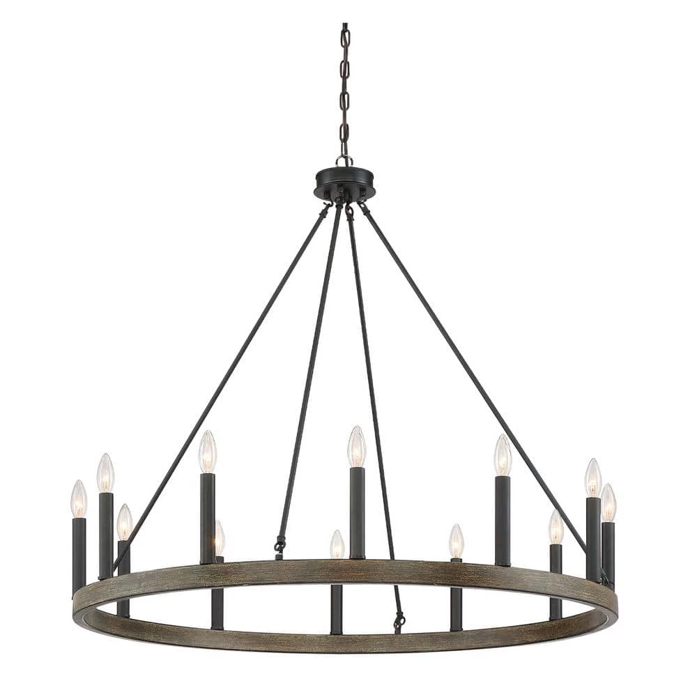 Farmhouse Vintage 12-Light Black Candle Style Octagonal Wagon Wheel Chandelier in Black by Tatahance