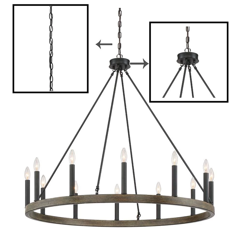 Farmhouse Vintage 12-Light Black Candle Style Octagonal Wagon Wheel Chandelier in Black by Tatahance - Image 2