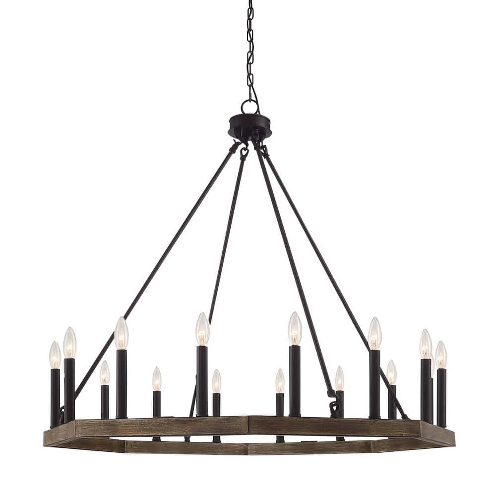 Farmhouse Vintage 16-Light Black Candle Style Octagonal Wagon Wheel Chandelier by Tatahance
