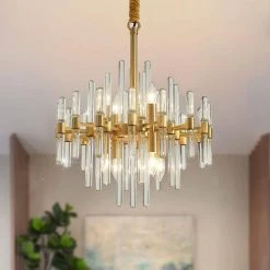 19 in. 8-Light Brass Crystal Pendant Light Dining Island Pendant Chandelier by SILJOY
