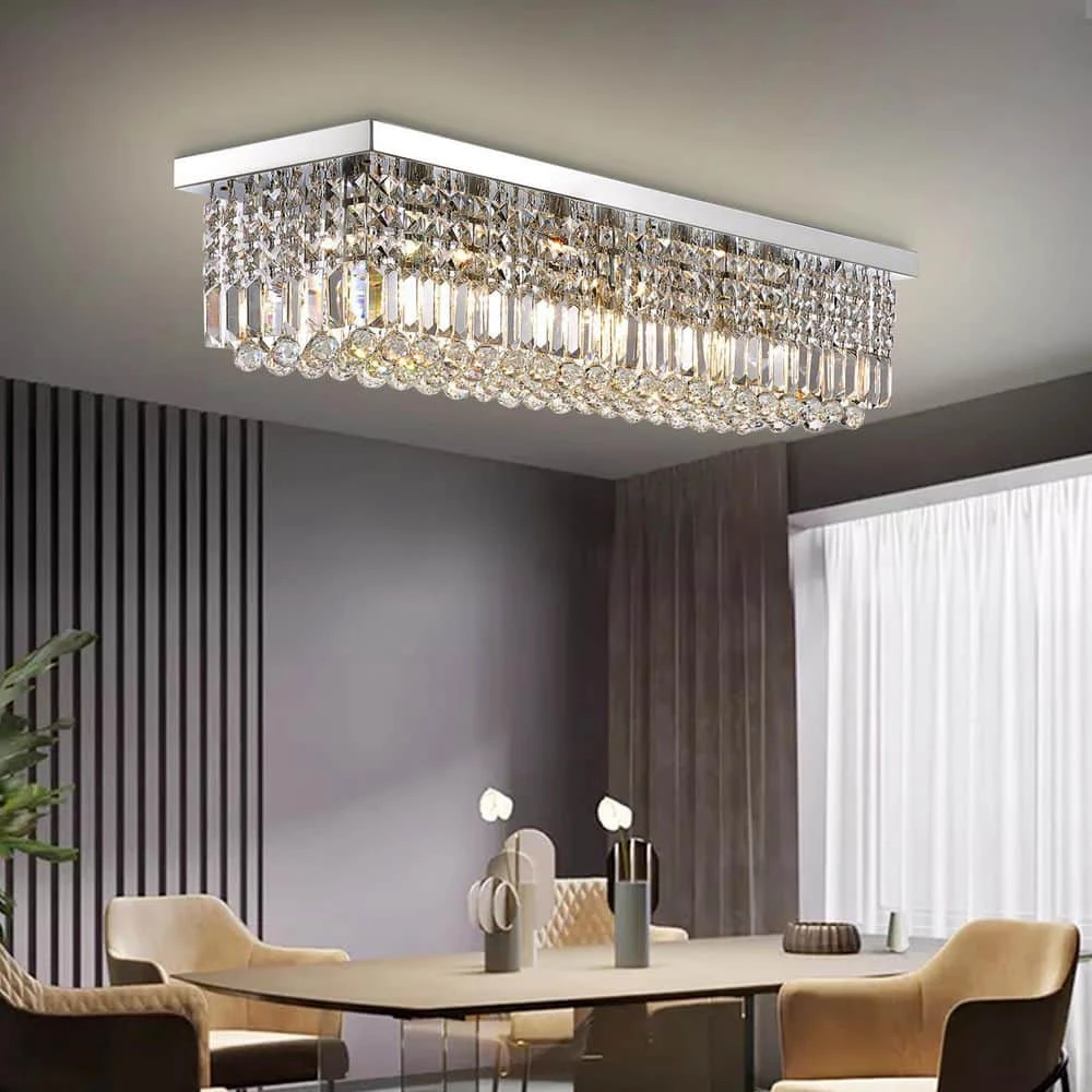 6-Light Chrome Modern Crystal Chandelier Rectangular Flush Mount by SILJOY - Image 6