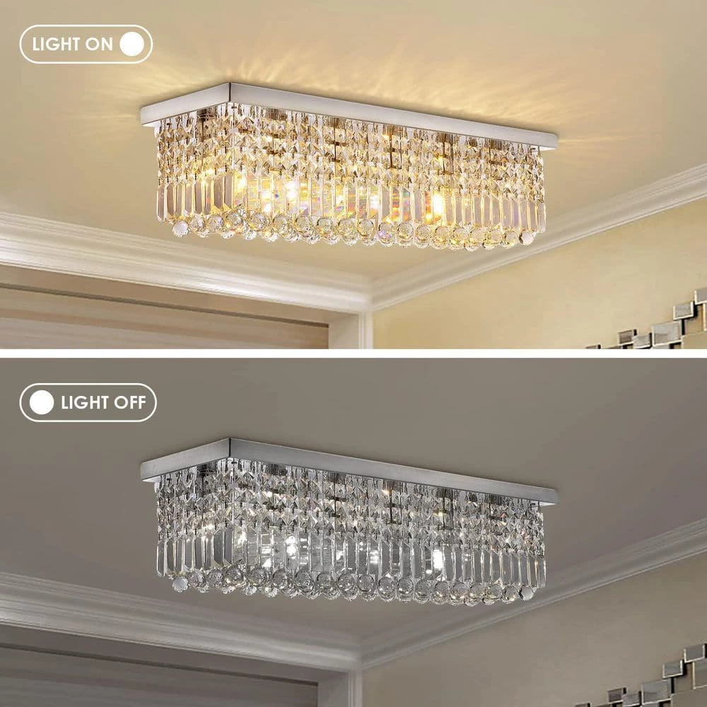 6-Light Chrome Modern Crystal Chandelier Rectangular Flush Mount by SILJOY - Image 5