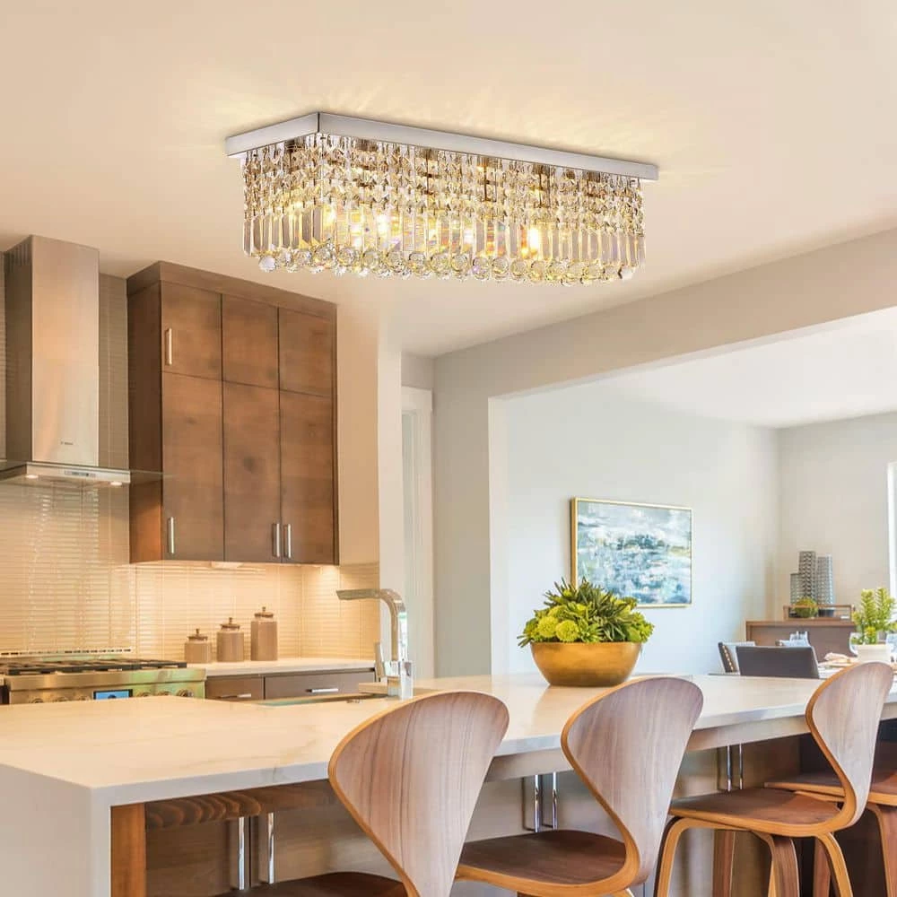 6-Light Chrome Modern Crystal Chandelier Rectangular Flush Mount by SILJOY - Image 2