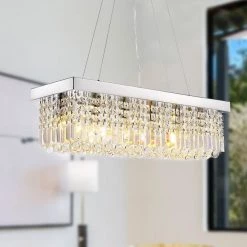 32 in.6-Light Chrome Crystal Chandelier Modern Kitchen Island Rectangle Dining Table Pendant Lighting Fixtures by SILJOY