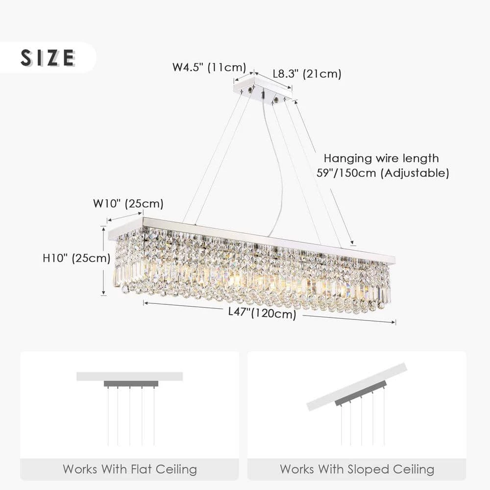 47 in. 10-Light Chrome Crystal Kitchen Island Rectangular Dining Room Chandelier by SILJOY - Image 7