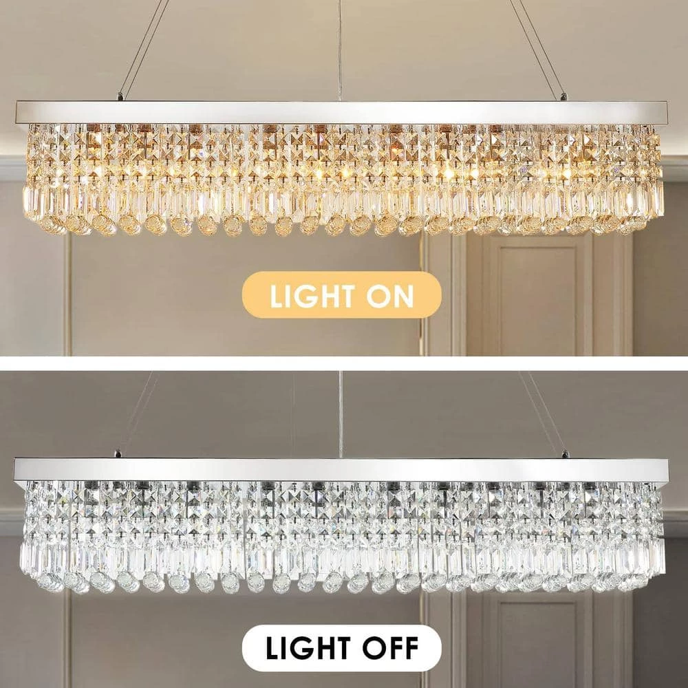 47 in. 10-Light Chrome Crystal Kitchen Island Rectangular Dining Room Chandelier by SILJOY - Image 8