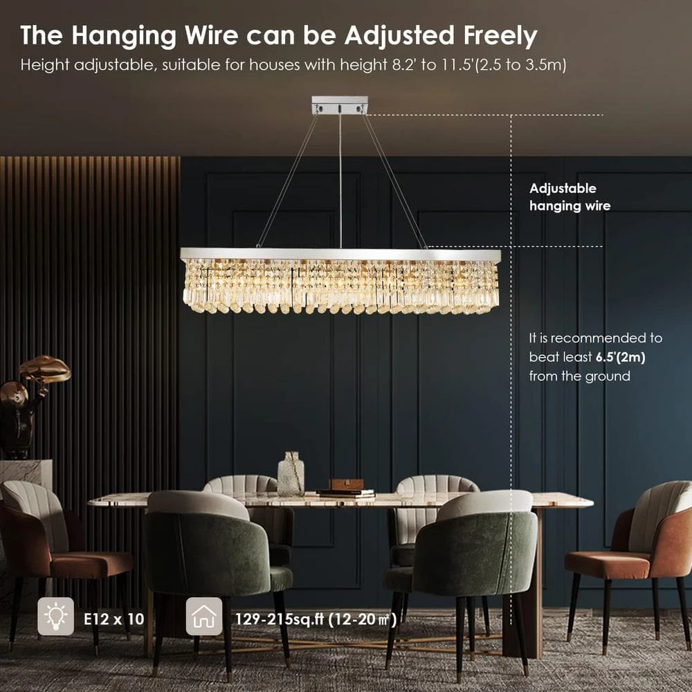 47 in. 10-Light Chrome Crystal Kitchen Island Rectangular Dining Room Chandelier by SILJOY - Image 5