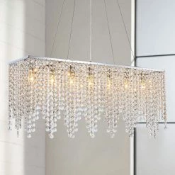 Shire 32 in. Chrome Crystal Modern Chandelier, 7-Light Kitchen Island Chandelier, Linear Dining Room Pendant Lighting by SILJOY