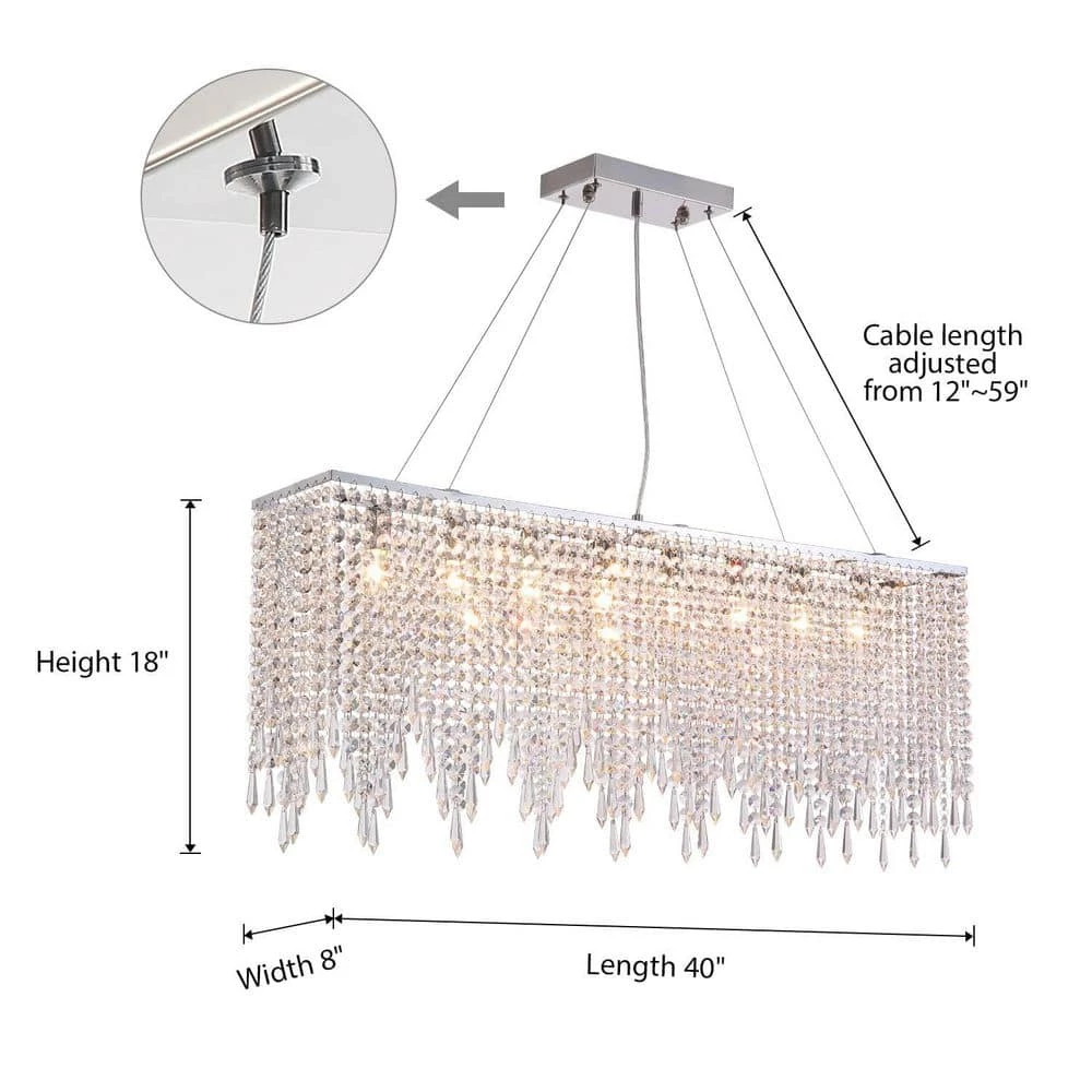 40 in. 8-Light Chrome Rectangle Crystal Chandelier Island Lighting Dining Room Chandeliers by SILJOY - Image 6
