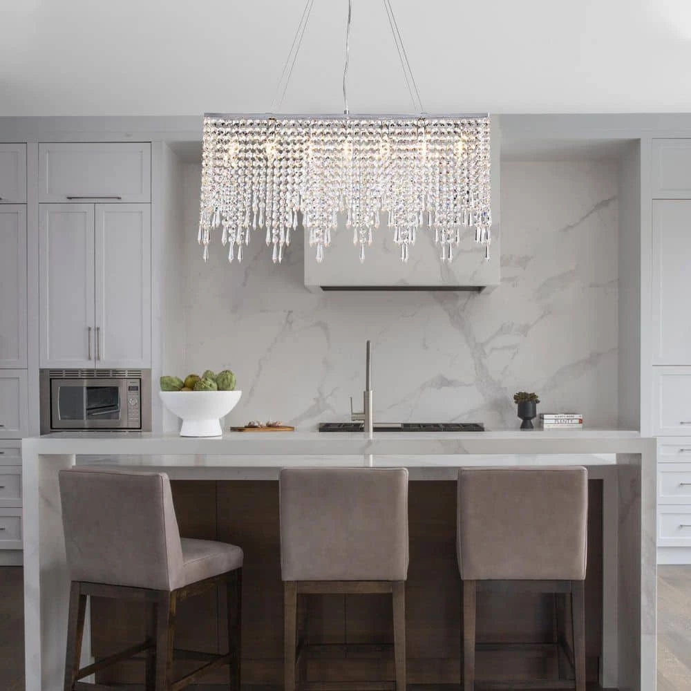 40 in. 8-Light Chrome Rectangle Crystal Chandelier Island Lighting Dining Room Chandeliers by SILJOY - Image 2