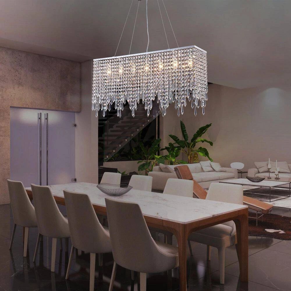 40 in. 8-Light Chrome Rectangle Crystal Chandelier Island Lighting Dining Room Chandeliers by SILJOY - Image 7