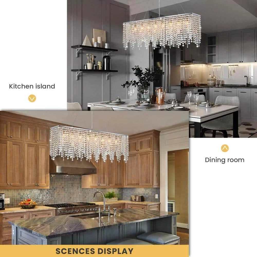 Shire 40 in. Chrome Modern Crystal Chandelier, Kitchen Island Pendant Lighting, 8-Light Linear Dining Room Chandelier by SILJOY - Image 6