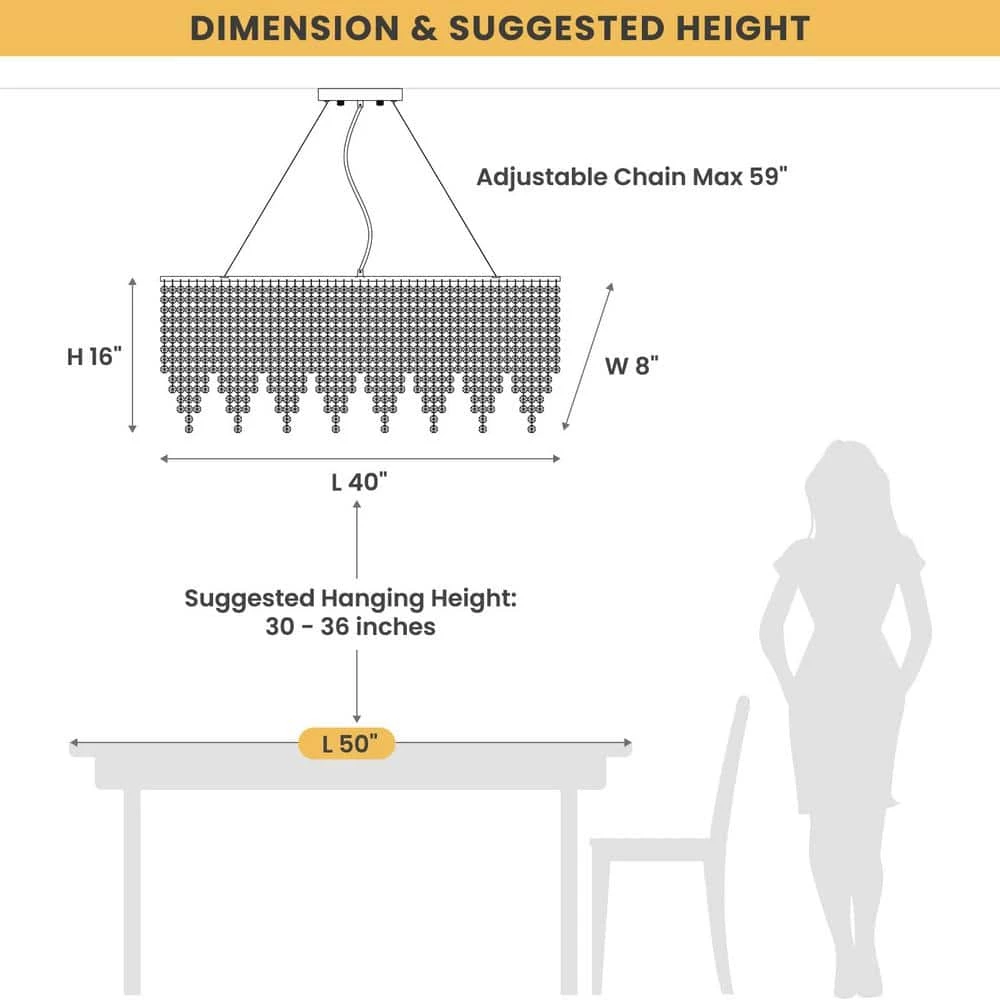 Shire 40 in. Chrome Modern Crystal Chandelier, Kitchen Island Pendant Lighting, 8-Light Linear Dining Room Chandelier by SILJOY - Image 3