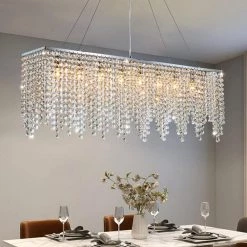 Shire 40 in. Chrome Modern Crystal Chandelier, Kitchen Island Pendant Lighting, 8-Light Linear Dining Room Chandelier by SILJOY